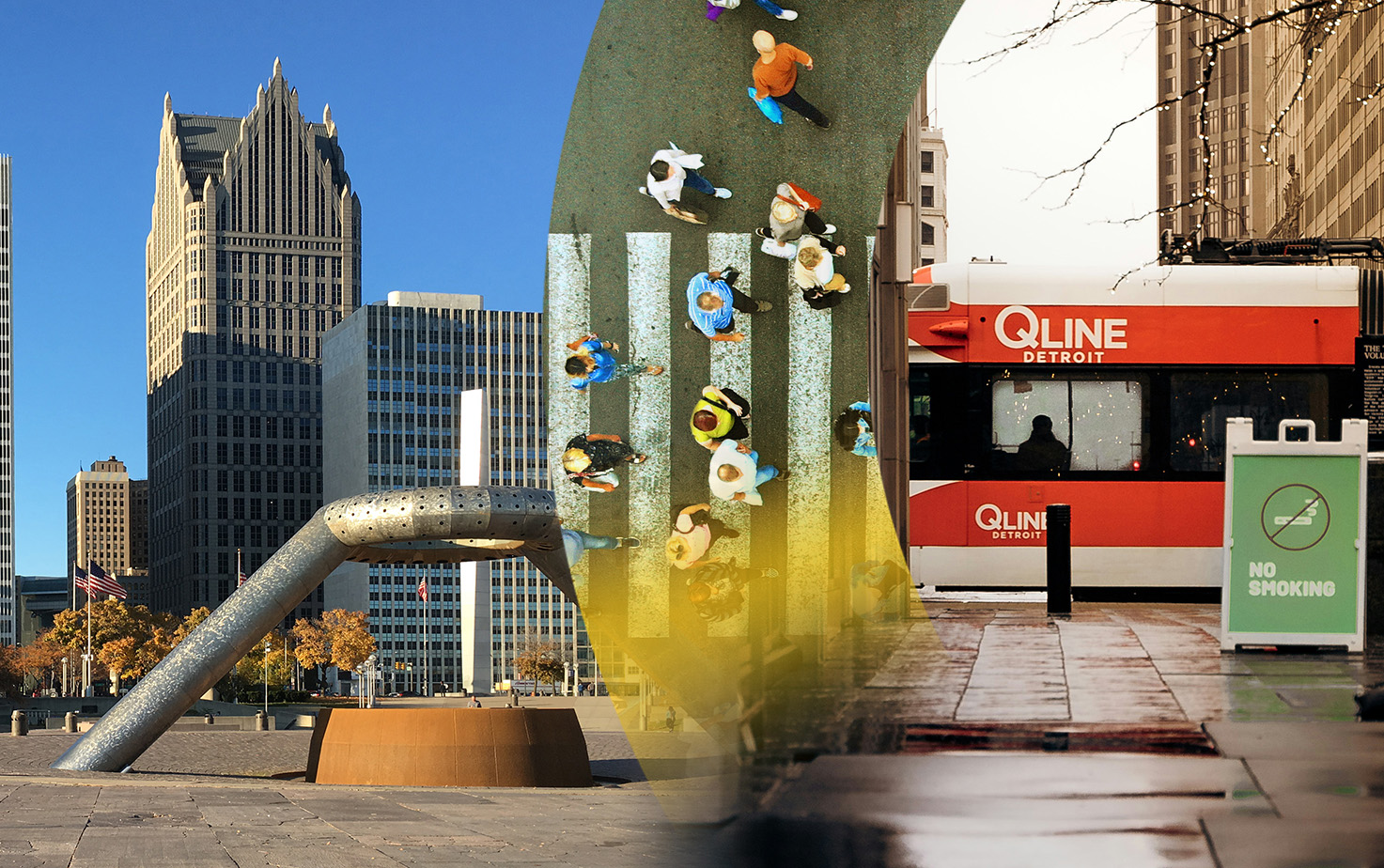 Combined image of the city of detroit, the q line detroit tram and pedestrians.