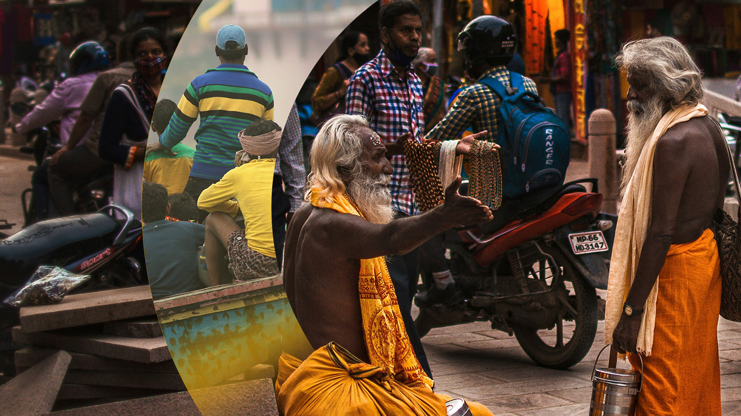 People on buggy overlay-ed on Varanasi street