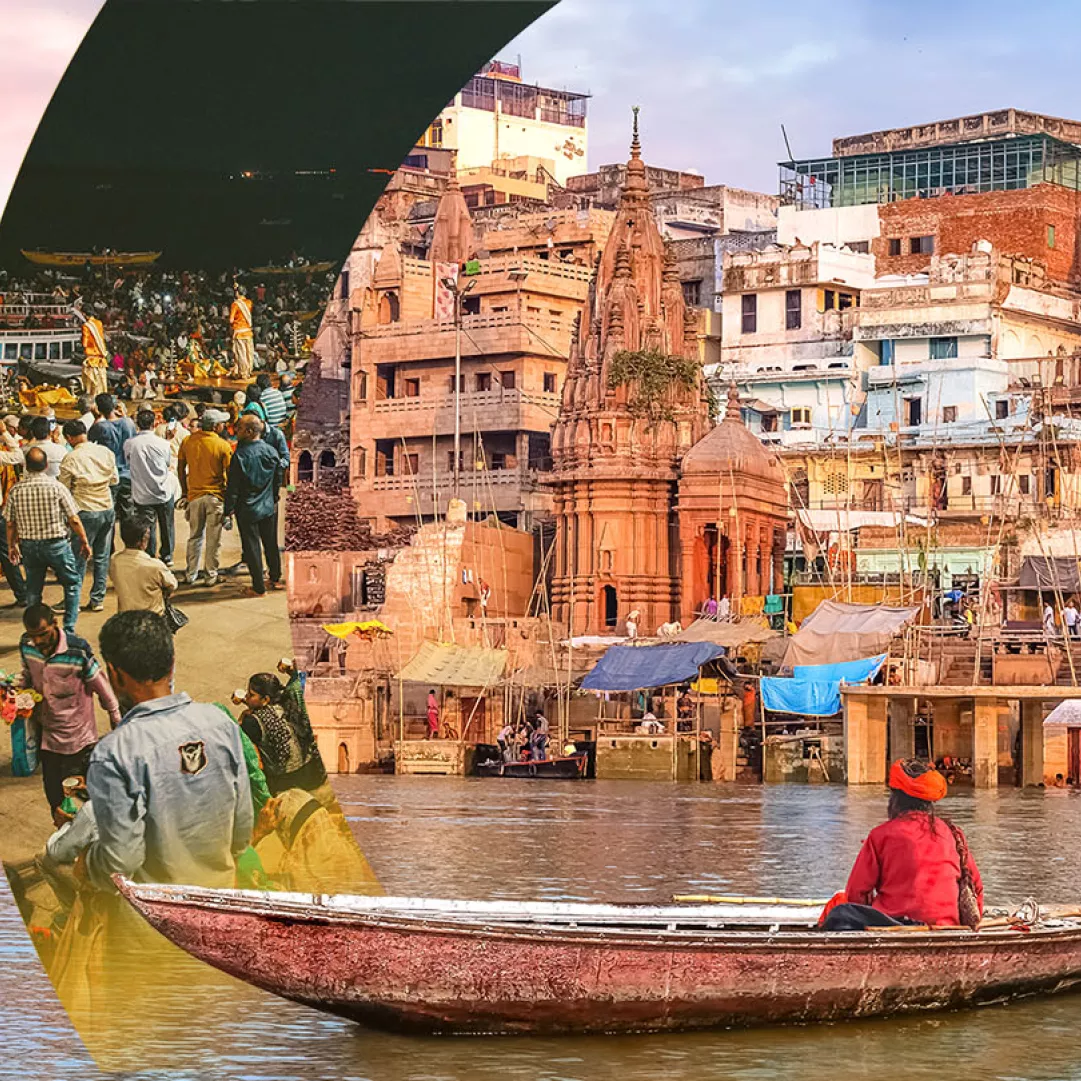 A crowd overlay-ed on Varanasi waters